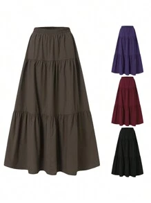 Summer And Autumn Women's Casual Long Skirts, Solid Color Pleated Large Hem Elasticated Waist Loose Fit Skirt, Simple Style Bottoms - 黑色 - 查看 5
