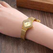 1pc Women's Gold Rhombus Rhinestone Stainless Steel Mesh Band Quartz Watch, 3ATM Water Resistant, Suitable For Daily Wear, Christmas Party, Gift