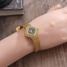 1pc Women's Gold Rhombus Rhinestone Stainless Steel Mesh Band Quartz Watch, 3ATM Water Resistant, Suitable For Daily Wear, Christmas Party, Gift