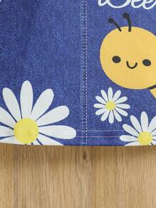 1 件装女婴夏季可爱蜜蜂和花卉印花圆领二合一连体连衣裙 - 白色 - 查看 6