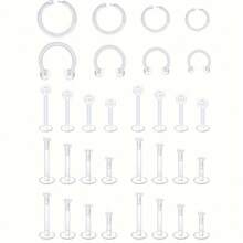28-32pcs Minimalist Clear Nose Studs Set - Flexible Plastic Septum & Barbell Rings For Belly, Lip, Eyebrow - Perfect For Casual Attire