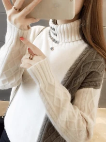 2 piezas Conjunto de suéter de cuello alto y minifalda de moda nueva para mujer