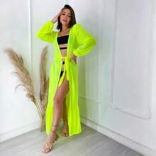 Saída De Praia Feminina Longa Manga Rodada Amarração Vestido Canga De Amarrar Piscina - Amarelo - Visão 3