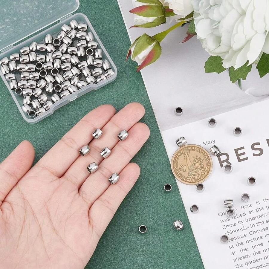 100pcs 6mm Barrel Pattern Spacer Beads Stainless Steel Loose Beads