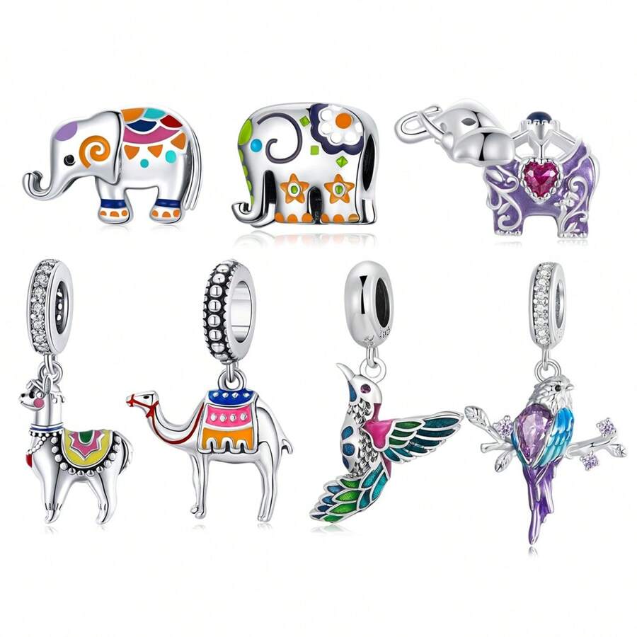 bamoer 1 pieza Colgante de plata de ley 925 con diseño lindo y colorido de la serie de elefantes, animal, alpaca, pájaro que se adapta a pulseras y collares originales para manualidades de joyería - Plateado - Ver 1