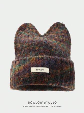 1pc Tie Dye Cute Polyester Plush Knitted Beanie Hat With Cat Ears, Autumn/Winter