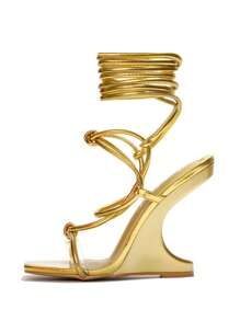 Women's  Strappy Sculpted Wedge Heels - Square Toe Ultra High Heel For Weekend - Gold - View 6