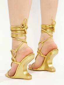 Women's  Strappy Sculpted Wedge Heels - Square Toe Ultra High Heel For Weekend - Gold - View 5