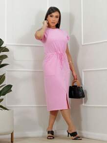 Women's Casual Midi Dress With Front Slit - 淺粉色 - 查看 3