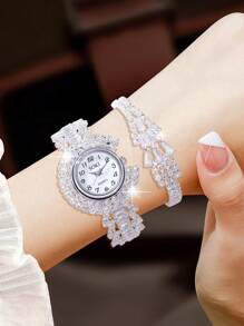 SOKI SOKI 国庆节女士手表 2 件装 华丽优雅全水钻装饰女士手表和手链 非常适合派对和婚礼 适合日常佩戴、感恩节、万圣节、圣诞节、生日派对、斋月，可作为完美的礼物 无盒 - 查看 2