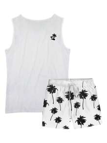 Men's Set Cotton Tank Top T-Shirt + Tactel Shorts Beachwear Coconut Trees - 白色 - 查看 1