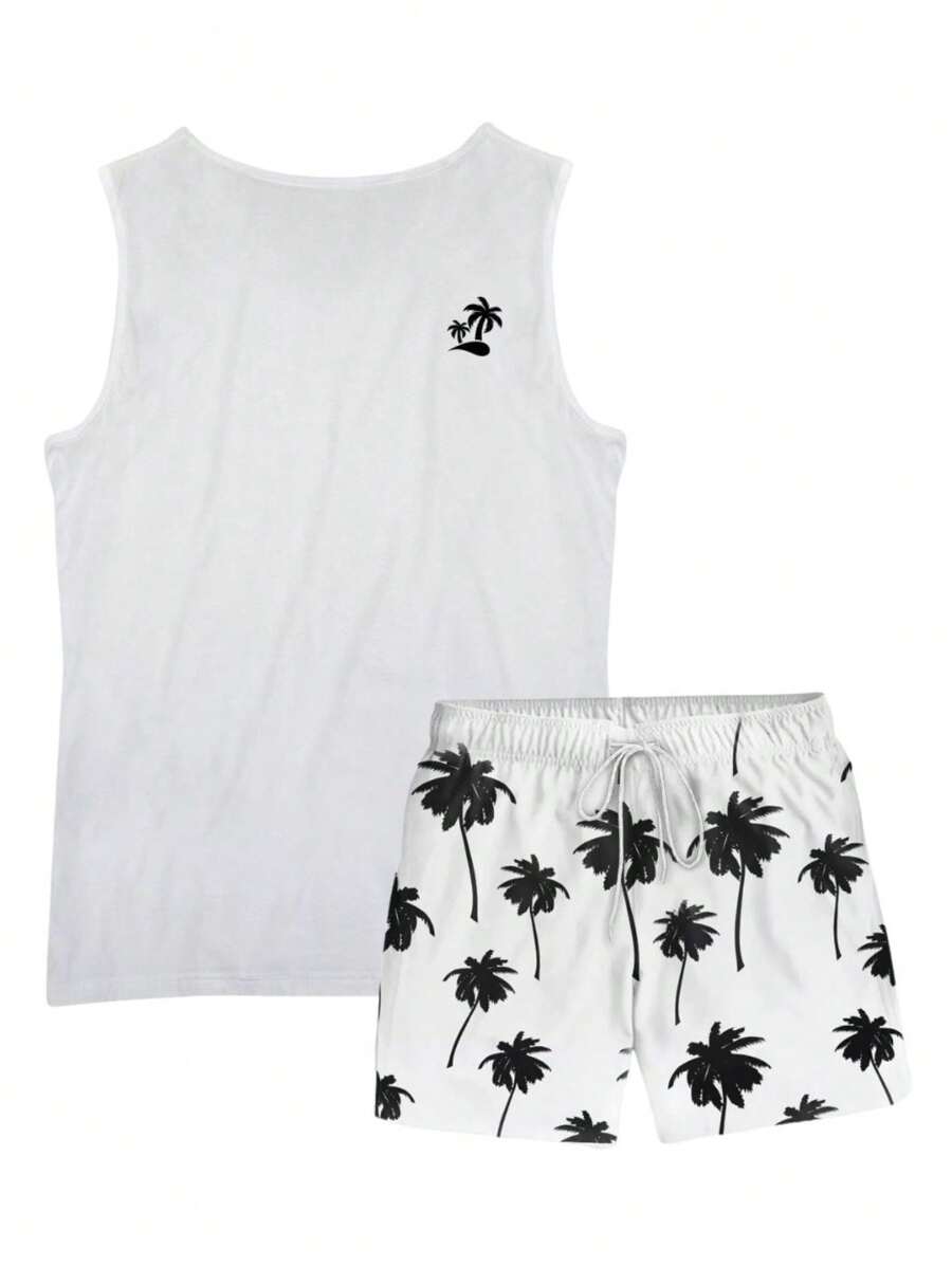 Men's Set Cotton Tank Top T-Shirt + Tactel Shorts Beachwear Coconut Trees - 白色 - 查看 1