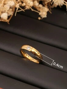 1 件 18K 镀金不锈钢弧形戒指，镶嵌单颗钻石和扁平锆石，适合情侣日常佩戴、婚礼、送给妻子/母亲的礼物 - 金色 - 查看 2