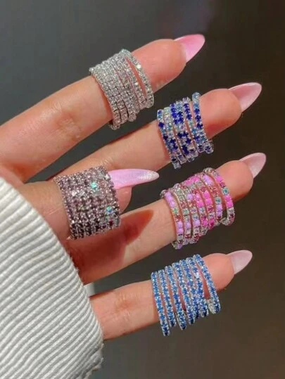 G-S 女士水晶装饰弹力戒指套装