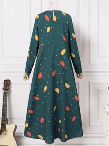 Bohemian Style Long Sleeve Round Neck Pleated Leaf Print A-Line Midi Dress