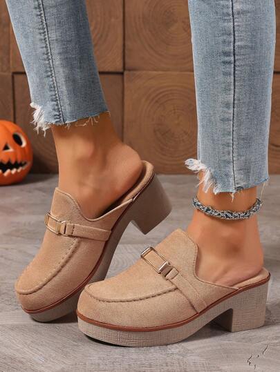 Zapatos de tacón alto tipo mule casuales para mujer, diseño de punta cerrada con hebilla de correa, de moda, elegantes, con tacones de plataforma para mujeres