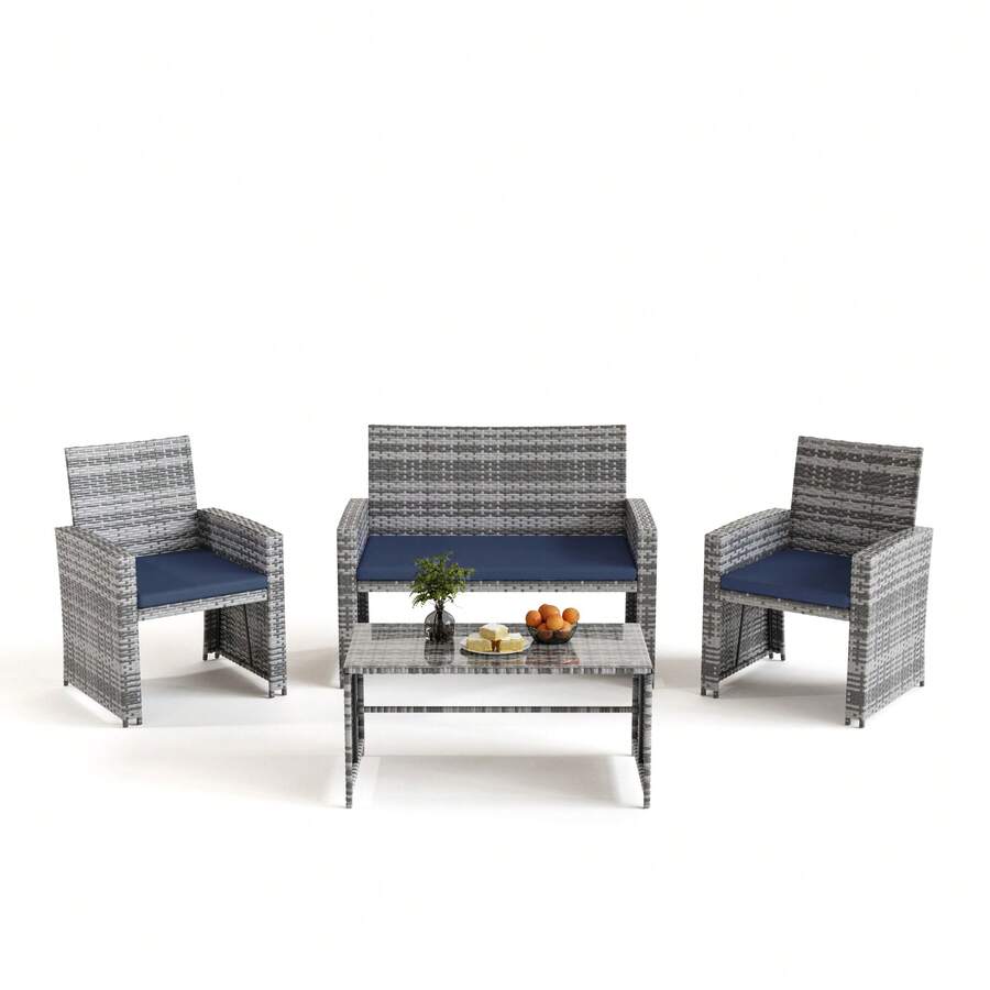 AMOPATIO Wide Armrest Outdoor Patio Furniture Set,4 Pieces Rattan Sectional Sofa With Tempered Glass Coffee Table And Cushions For Family Gatherings,Balcony Porch Garden(Black/Cream)