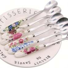6pcs/Set High-End Stainless Steel Utensils, Ceramic Handle Coffee Spoon, Dessert Spoon - For Sugar, Ice Cream, Soup, Kitchen And Dining Use Back To School - 6 Colors - View 6