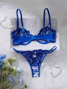 心形刺绣透明内衣套装、文胸和内裤、性感女士内衣、Rave - 寶藍色 - 查看 3
