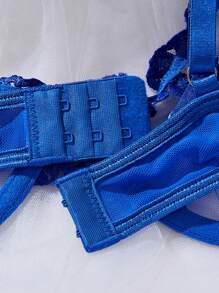 心形刺绣透明内衣套装、文胸和内裤、性感女士内衣、Rave - 寶藍色 - 查看 4