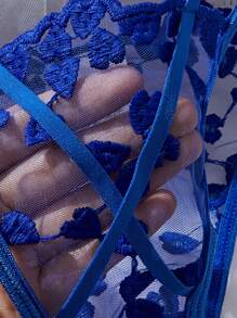 心形刺绣透明内衣套装、文胸和内裤、性感女士内衣、Rave - 寶藍色 - 查看 5