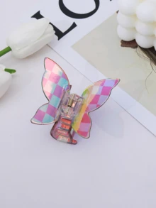 1 件创意彩色棋盘格设计醋酸纤维优雅简约蝴蝶发夹 - 彩色 - 查看 3