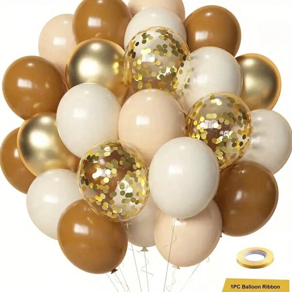 50 globos neutros color beige y marrón, 50 cintas de 10" y 12" en marrón, beige y dorado para decoración de fiestas de cumpleaños, compromisos, bodas, aniversarios, graduaciones y despedidas de soltera. Incluye 33 pies de cinta.