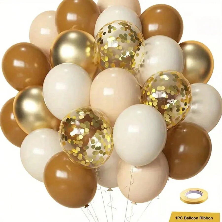 50 globos neutros color beige y marrón, 50 cintas de 10" y 12" en marrón, beige y dorado para decoración de fiestas de cumpleaños, compromisos, bodas, aniversarios, graduaciones y despedidas de soltera. Incluye 33 pies de cinta.
