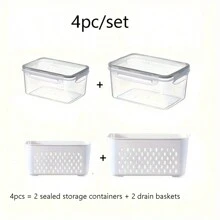 Set da 4 pezzi Contenitori per alimenti in plastica con coperchi per il frigorifero - Trasparenti, contenitori lavabili per frutta, verdura e prodotti secchi con vassoio di drenaggio - Multiuso, scatole organizzative per la cucina ermetiche per campeggio e uso domestico