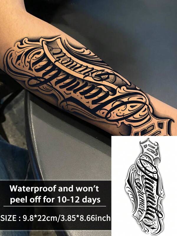 1 Stück englische kreative Buchstaben temporäre Tattoos wasserdicht schweiß fest haltbar für 1-2 Wochen realistisch aus pflanzlicher Färbelösung nicht reflektierend rutschfest künstliche schwarze Tattoos für Männer und Frauen Tattoo Aufkleber für Arm, Brust, Taille, Rücken, Bauch, Bein, Nacken, Finger, Ohr, moderne Körperkunst