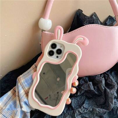 Bunny Cute Rabbit Mirror Silicone Phone Case With Detachable Mirror, Perfect For Selfie And Makeup Touch-Ups, Made Of Premium Silicone Material With Skin-Friendly Feel, Ideal For Fashion-Conscious Women, Compatible With IPhone 15/15 Pro/15 Pro Max/14/13/12/11/XS Max Series