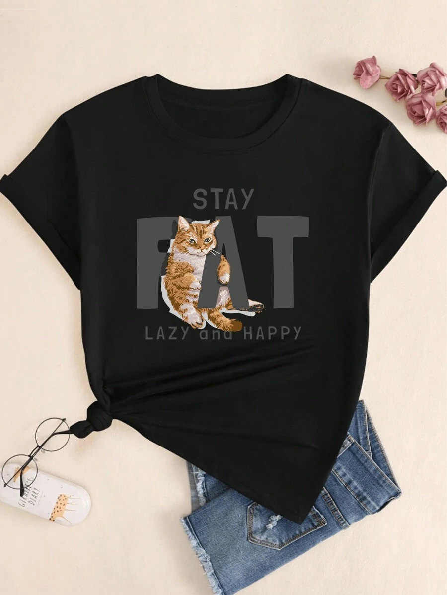 Stay Fat Lazy And Happy Kitten Print T-Shirt Babylook Streetwear Cotton Comfort Short Sleeve Casual Basic - 所以 - 查看 1