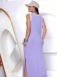 Long Two-Tone Tank Dress With Pocket And Side Slit Comfy - 紫丁香色 - 查看 2