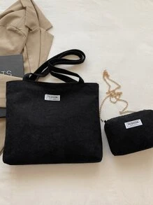 Women's Simple 2Pcs/Set Solid Color Corduroy Tote Bag And Chain Crossbody Bag, Casual Large Capacity Shoulder Bag For Commuting Work, Lightweight Outdoor Vacation Travel Underarm Bags, Shopping Grocery Storage Handbag