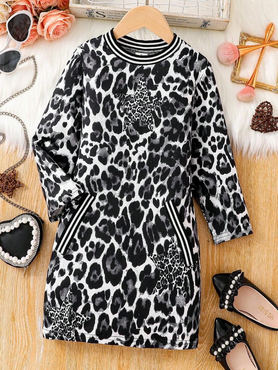 Girls Fashion Spring/Autumn Outfit, Young Girl Leopard & Star All Over Print Crew Neck Long Sleeve Midi Dress, Girls Casual Comfortable Soft Versatile Youthful Active Childrenswear, Young Girl Outdoor Holiday Fashion Personalized Daily Wear - Multicolor - View 1