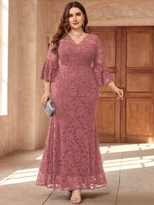 Đầm maxi dáng đuôi cá ren hoa, cổ chữ V, tay bồng, cỡ lớn, thích hợp cho Ngày Valentine, dự đám cưới, dạ hội, sinh nhật, lễ hội, lễ tốt nghiệp, tiệc gala. - Bụi hồng - Xem 4