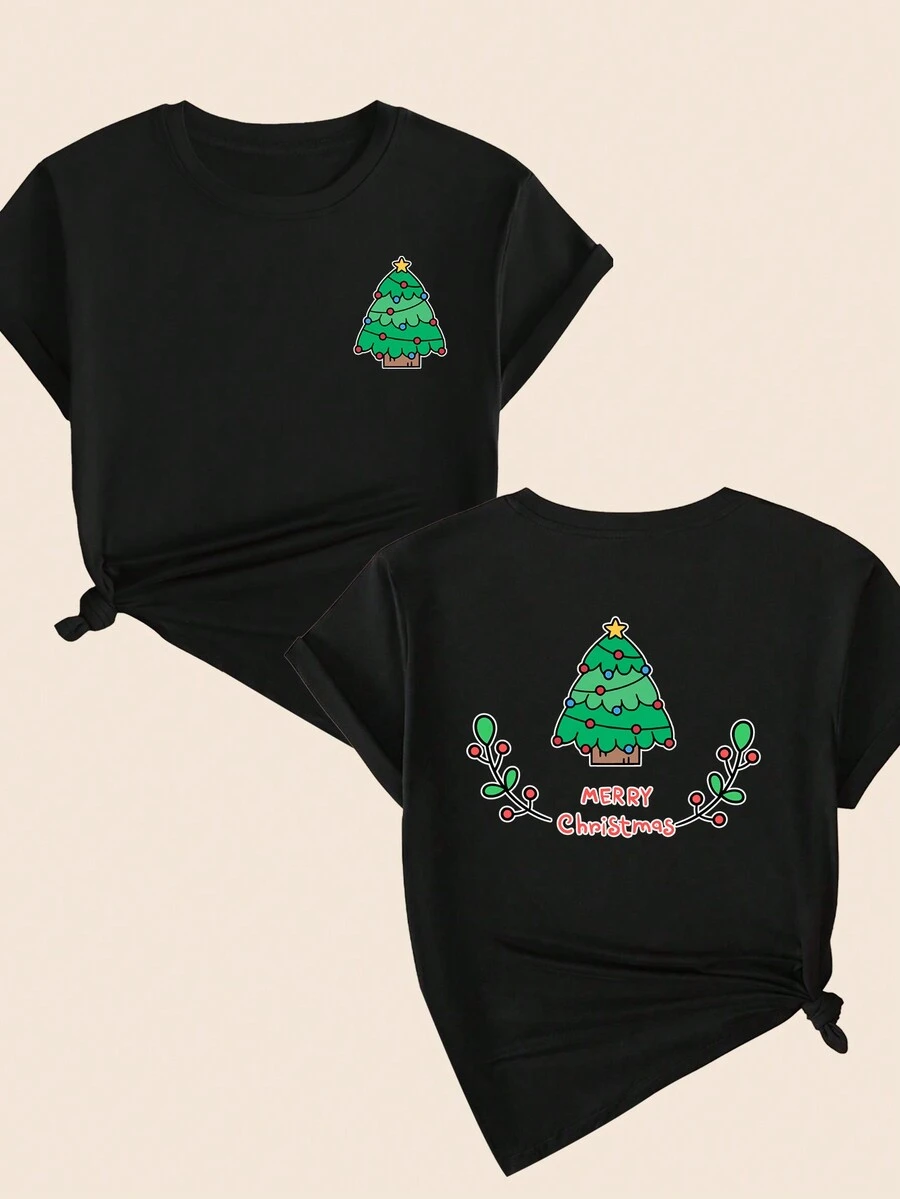 Christmas Tree Printed T-Shirt Women's Fashion Blouse Babylook Comfort Casual Printed Short Sleeve Premium - Vì vậy - Xem 1