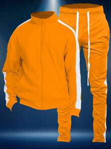 Homme Mens 2 Pc Light Weight Side Stripe Two Piece Co-Ord Track Jacket And Track Pant Set Ankle Zipper - Orange White - View 1