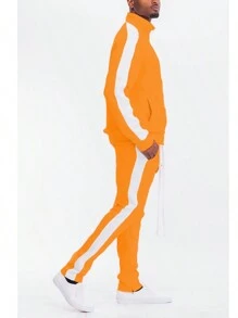 Homme Mens 2 Pc Light Weight Side Stripe Two Piece Co-Ord Track Jacket And Track Pant Set Ankle Zipper - Orange White - View 3