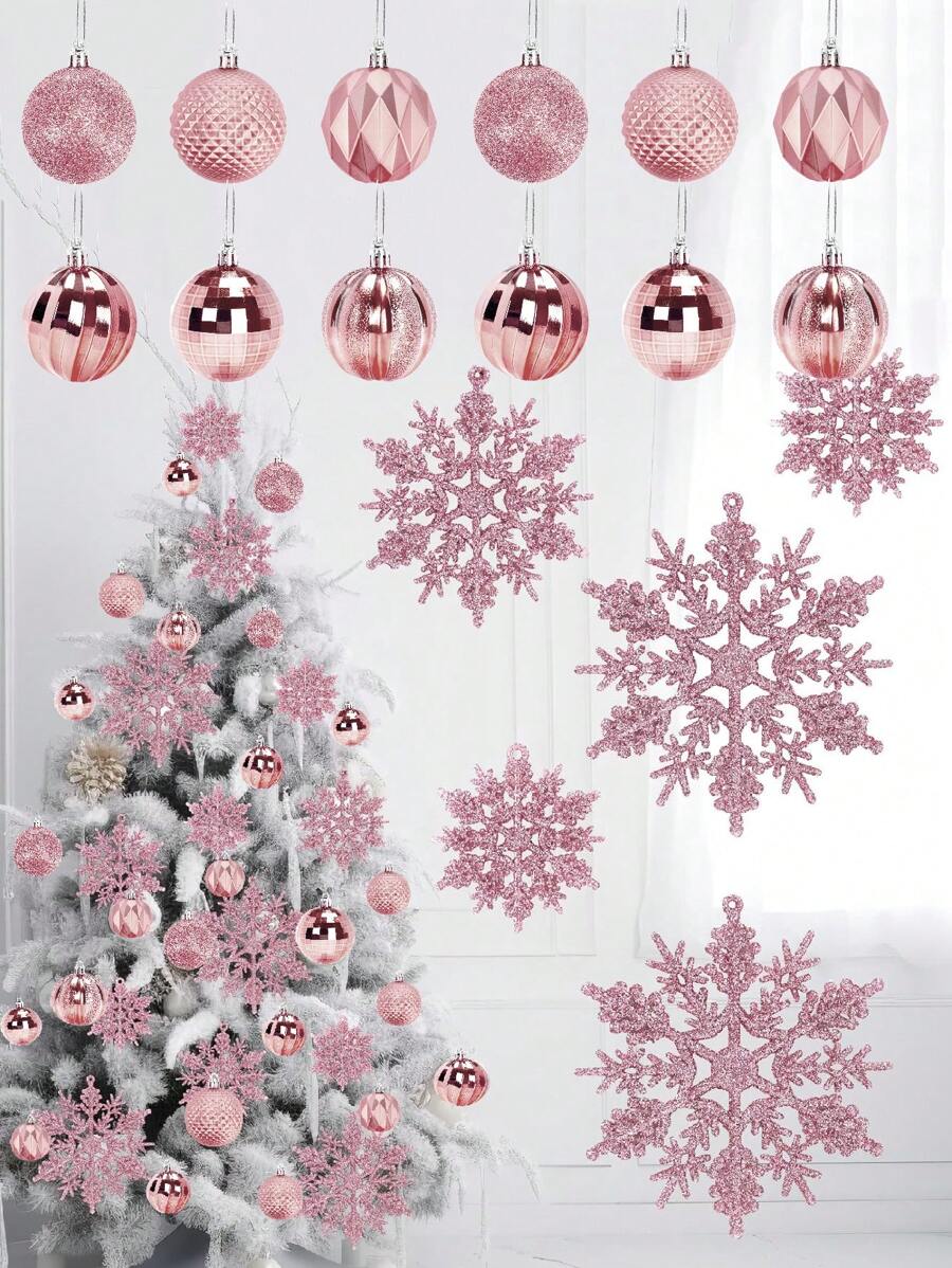 12pcs-Pink Christmas Balls Ornaments,60mm/2.4 In Shatterproof Plastic Decorative Xmas Tree Ornaments, Assorted Christmas Ball Ornaments For Wedding Mothers Day Party Decorations