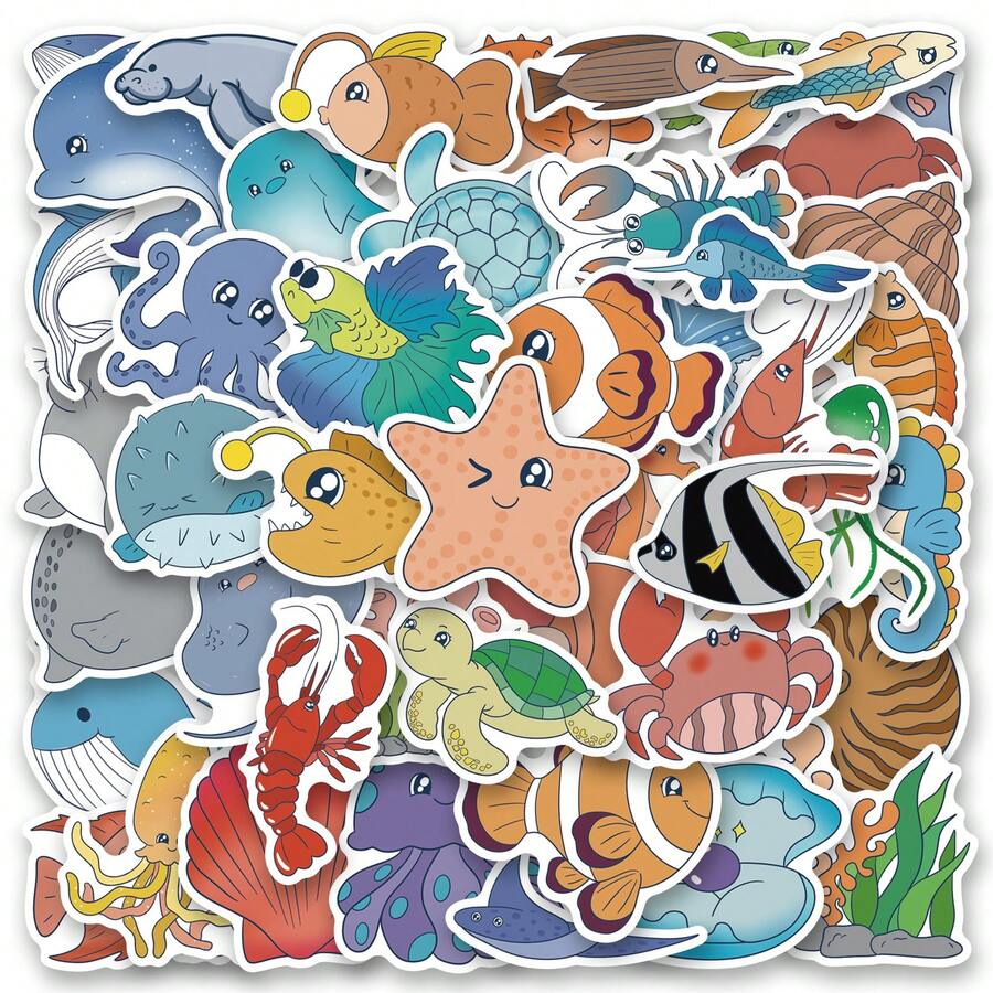 52PCS Marine Life Stickers Vinyl Aesthetics Stickers For Scrapbooking, Diary, Laptop, Bumper, Skateboard, Water Bottle, Computer, Phone, Cartoon, Hard Hat, Car Stickers And Decals - Multicolor - View 1