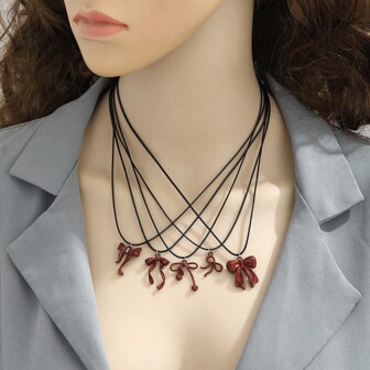 1 件时尚创意可爱红色蝴蝶结项链，合金珐琅皮绳项链，圣诞节和情人节礼物