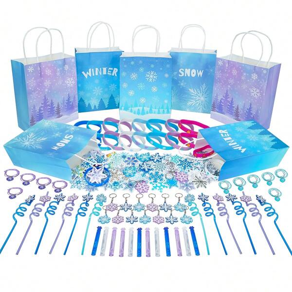 Pabsoon 122 Pcs Snowflake Party Supplies Party Gift Bags, Stickers, Necklaces, Straws, Bracelets, Bubble Wands, Keychains Frozen Goodie Bags For Birthday Party Decorations