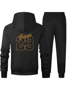 Conjunto de 2 piezas de sudadera con capucha casual y pantalón de chándal con estampado de número 23 y letras, ropa de otoño e invierno para hombres de talla grande