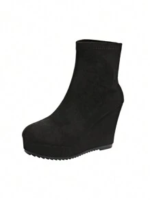 Women's 2024 Fall/Winter New Increased High Heel Thick Platform Casual Short Boots With Woven Straw Rope Soles, Fashionable, Versatile, European And American Style, Comfortable And Retro Elastic Short Boots - Black - View 7