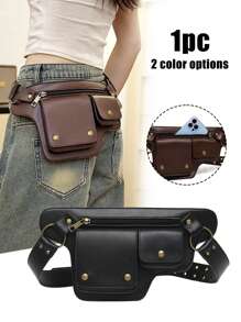 朋克风腰包，复古PU皮腰包，户外运动旅行斜挎包，复古户外骑行包，多功能收纳包，手机包，酷炫朋克摩托车风腰包，复古PU皮腰包 - 前卫朋克风格设计，可调节腰包，多个卡槽，磁扣 - 彩色 - 查看 1