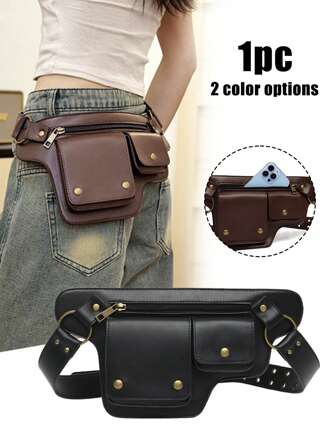 朋克风格腰包，复古 PU 皮革腰包，户外运动旅行时尚腰包，复古户外骑行包多功能收纳包手机包，酷炫朋克摩托车风格腰包，复古 PU 皮革腰包 - 前卫朋克风格设计，可调节腰包，多个卡槽，磁性闭合
