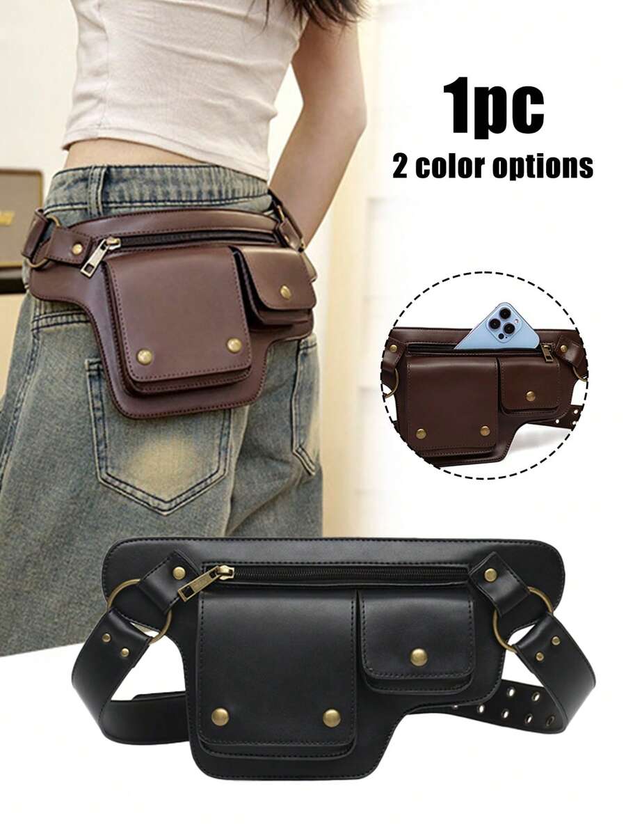 朋克风腰包，复古PU皮腰包，户外运动旅行斜挎包，复古户外骑行包，多功能收纳包，手机包，酷炫朋克摩托车风腰包，复古PU皮腰包 - 前卫朋克风格设计，可调节腰包，多个卡槽，磁扣 - 彩色 - 查看 1