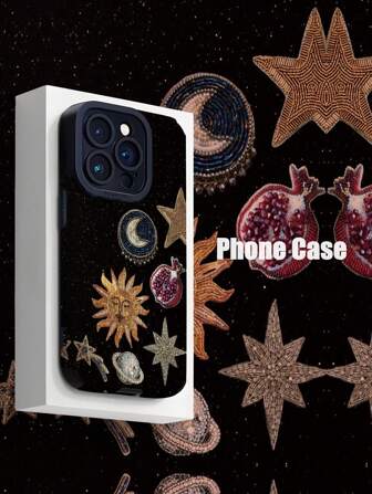 1pc Minimalist Beaded Solar System & Pomegranate Pattern Vertical Faux Leather Shock Proof Fingerprint Resistant Soft Phone Case Compatible With Iphone &