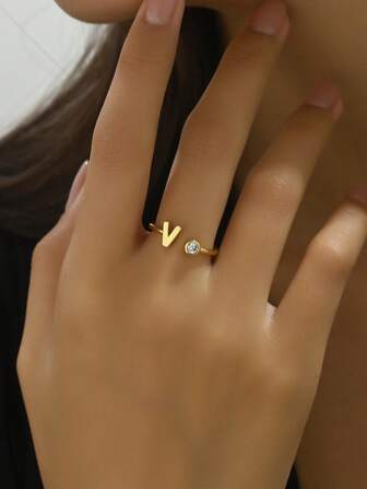 1pc Gold Initial Ring, Fashionable Mini Single Zirconia 26 English Alphabet Smooth Letter Rings, Women Open Finger Rings, Cute & Elegant Capital Letter Jewelry Gift